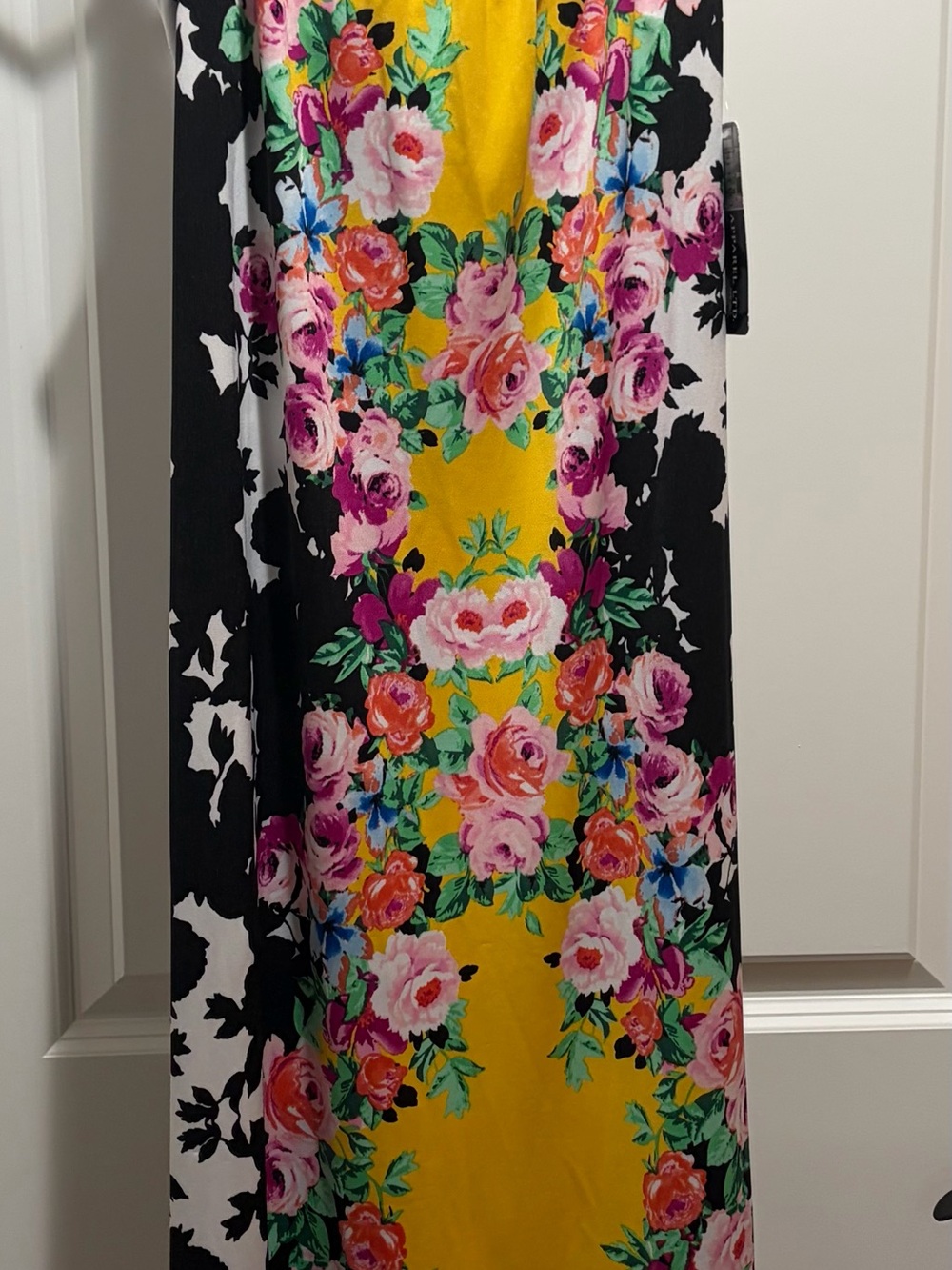 Soho Apparel Yellow and Black Floral Panel Maxi Dress
